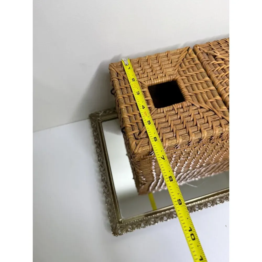 Vintage Boho Rectangular Wicker Storage Basket With Double Bins And Lids, Vintag